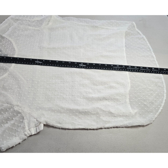 MNG Suit Blouse Women's L White Solid Front Fabric Dot Back Sheer Short Sleeve - Picture 6 of 14